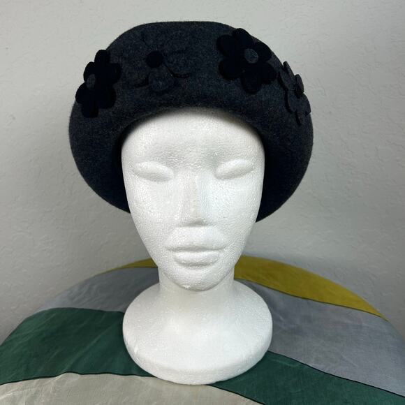 Dame- Vintage Wool Bowler Hat- Flower Cutout applique front- black gray- OSFM - Picture 6 of 8